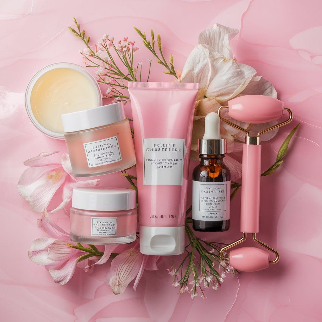 Premium skincare products with pink flowers and facial tools